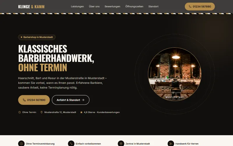 Startseite der Demo-Website Klinge & Kamm auf dem Desktop: dunkles Design mit Messing-Akzenten und Telefonnummer im Kopfbereich