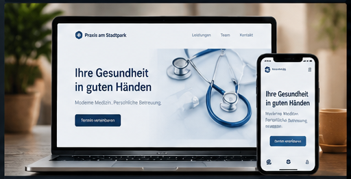 Beispiel-Website für eine Arztpraxis: Laptop- und Handy-Ansicht mit medizinischem Motiv und Terminbuchung