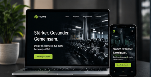 Beispiel-Website für ein Fitnessstudio: Laptop- und Handy-Ansicht mit Trainingsgeräten im Fokus und Mitglied-werden-CTA