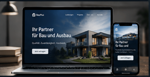 Beispiel-Website für einen Handwerksbetrieb: Laptop- und Handy-Ansicht mit Bauprojekt-Ansicht und Angebotsanfrage