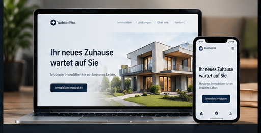 Beispiel-Website für ein Immobilienunternehmen: Laptop- und Handy-Ansicht mit Hausansicht und Objekt-CTA