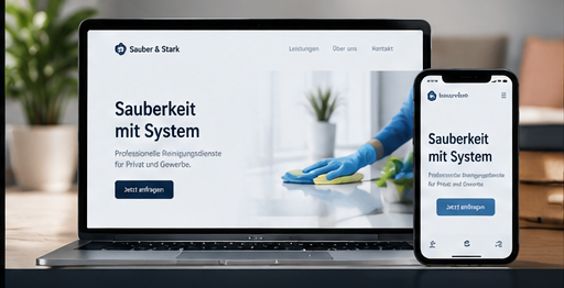 Beispiel-Website für ein Reinigungsunternehmen: Laptop- und Handy-Ansicht mit Reinigungsszene und Anfrage-CTA