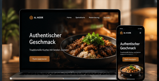 Beispiel-Website für ein Restaurant: Laptop- und Handy-Ansicht mit Gericht-Nahaufnahme und Tisch-Reservierung